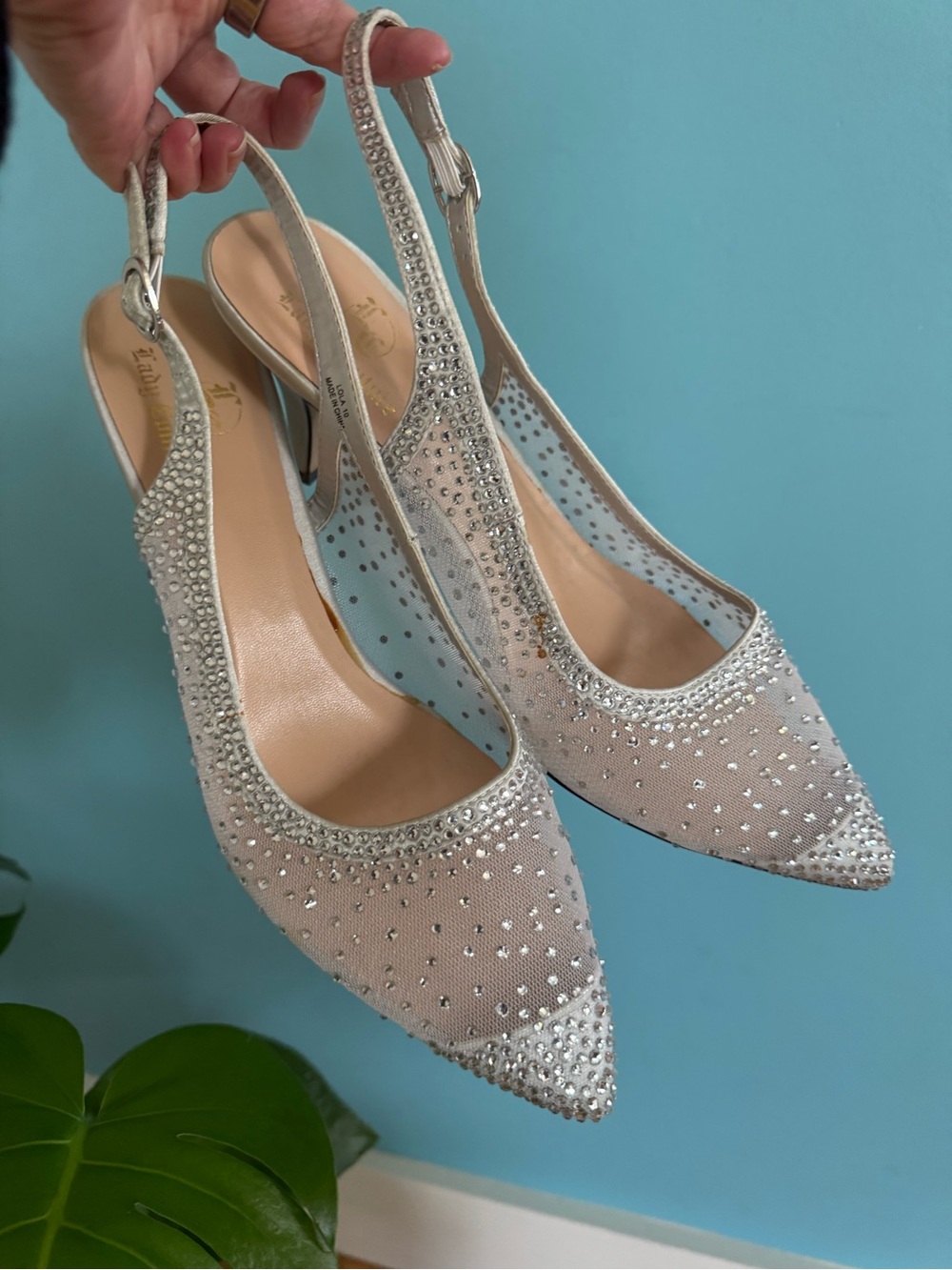 Crystal-Embellished Slingback Pointed-Toe Heels in Silver NWOT
